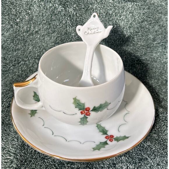 Exquisite Holiday cup saucer and spoon hand painted and signed - Picture 5 of 7